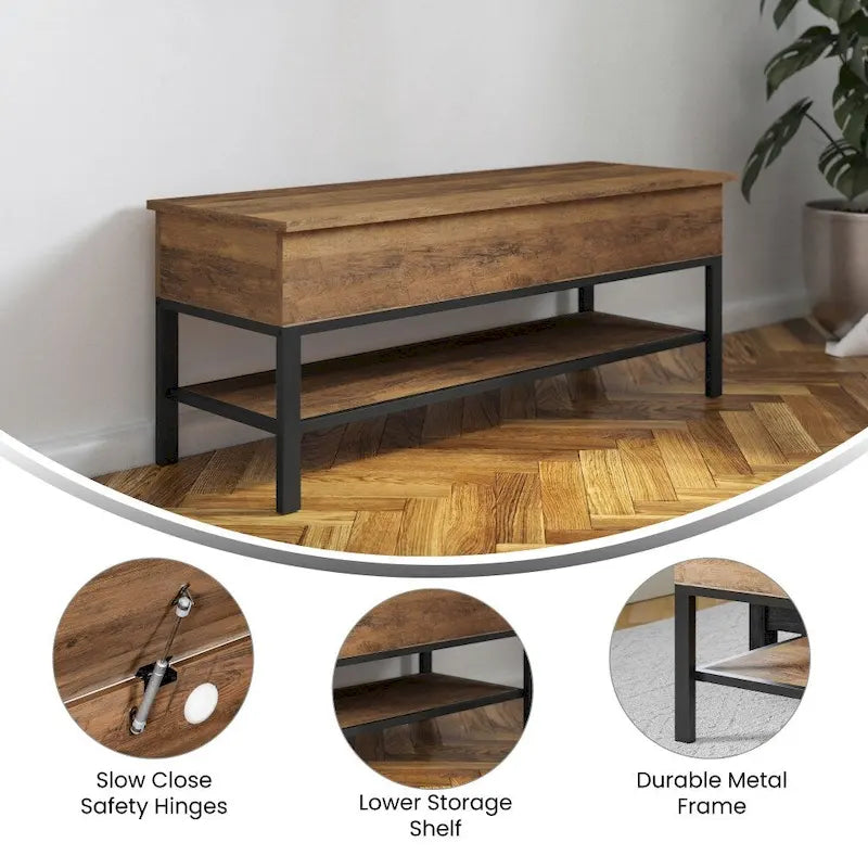 Panca contenitore con piano sollevabile – Noce / Rovere rustico / Grigio, stile rustico, 2 posti