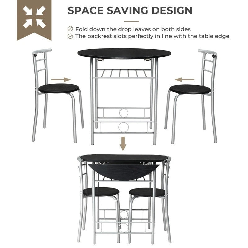 Set tavolo da pranzo rotondo allungabile per 2 persone, in rovere/nero/marrone, gambe in metallo