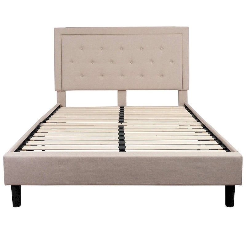 Struttura letto matrimoniale Queen beige, testiera trapuntata con bottoni, per 2 persone