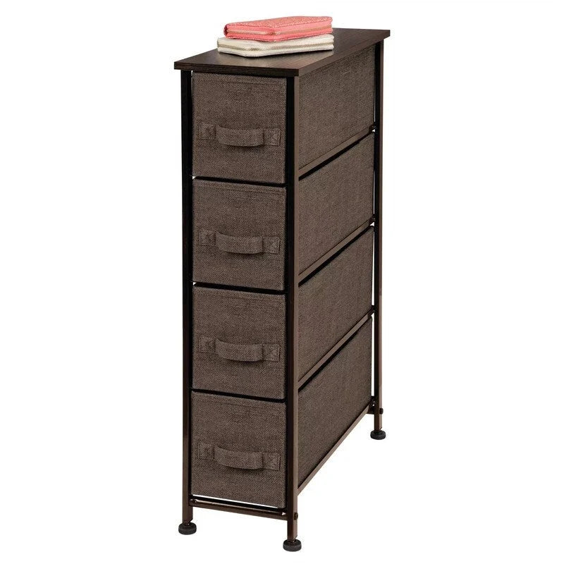 Comodino verticale stretto in tessuto crema/oro – 4 cassetti, 1 persona