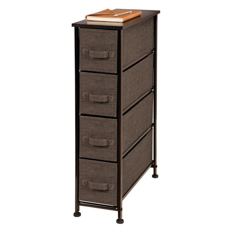Comodino verticale stretto in tessuto crema/oro – 4 cassetti, 1 persona