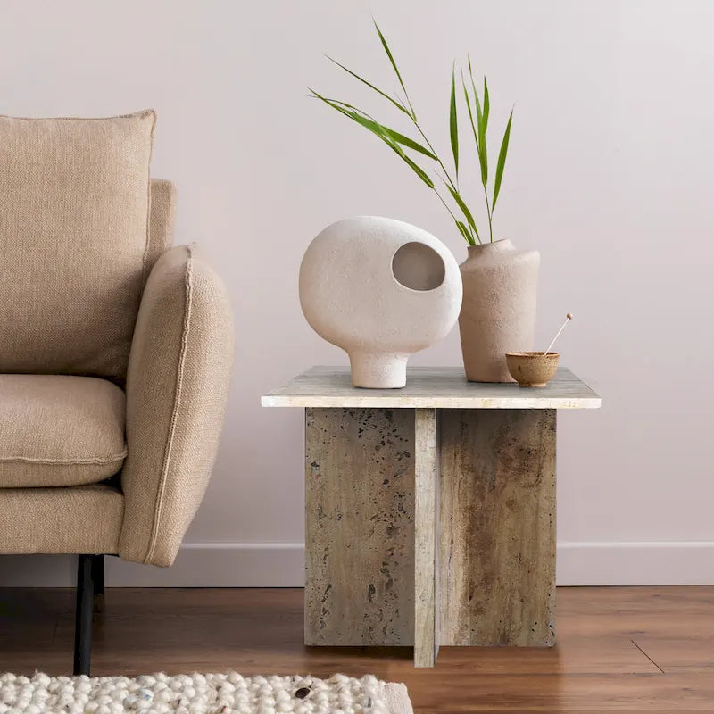 Tavolino a forma di T in marmo travertino, grigio/beige, per 1