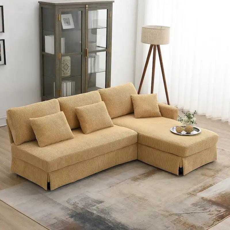 Divano sezionale a L grigio / giallo / beige con chaise longue reversibile, 4 posti a sedere