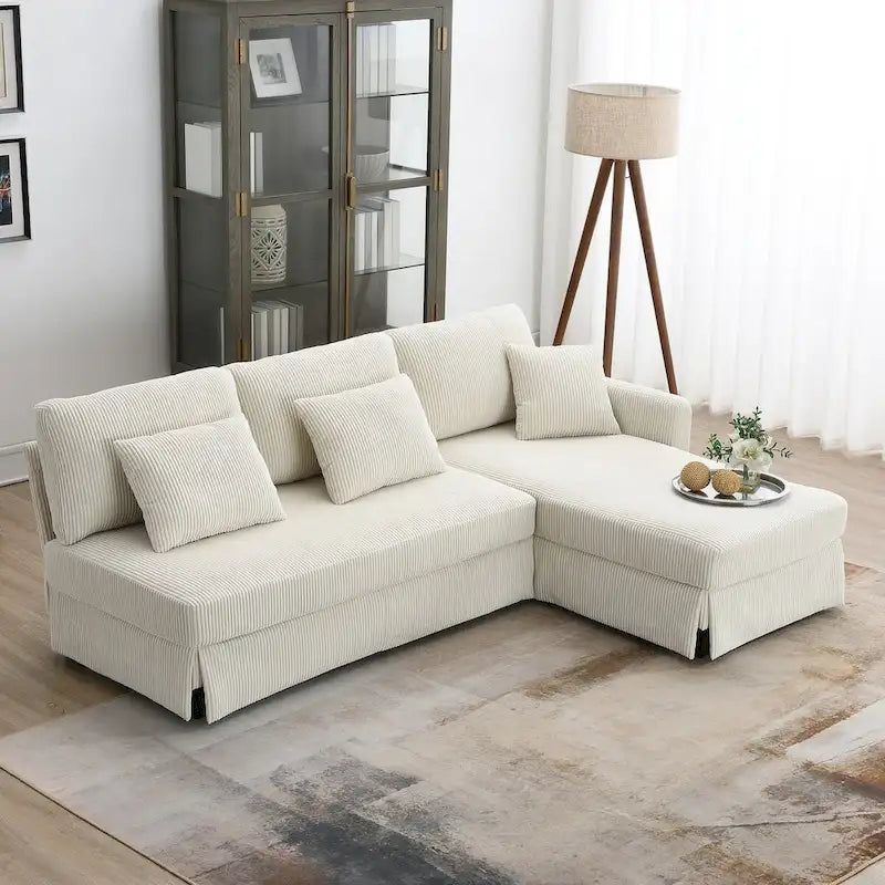 Divano sezionale a L grigio / giallo / beige con chaise longue reversibile, 4 posti a sedere