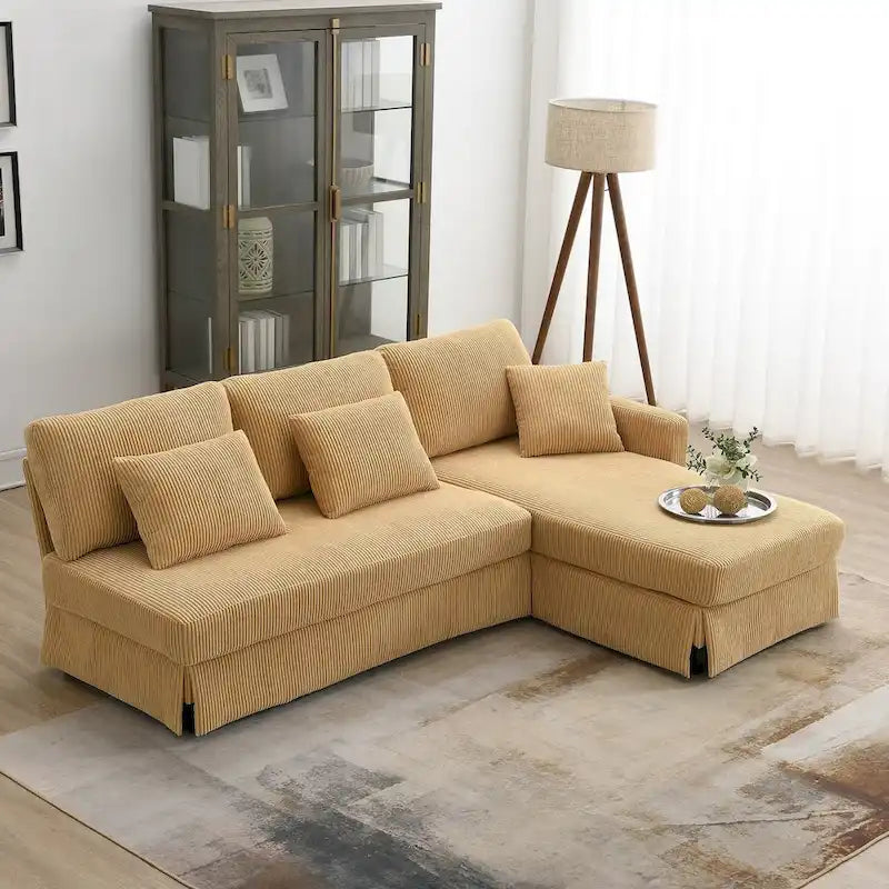 Divano sezionale a L grigio / giallo / beige con chaise longue reversibile, 4 posti a sedere