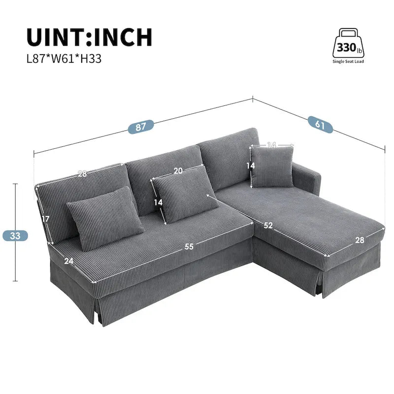 Divano sezionale a L grigio / giallo / beige con chaise longue reversibile, 4 posti a sedere