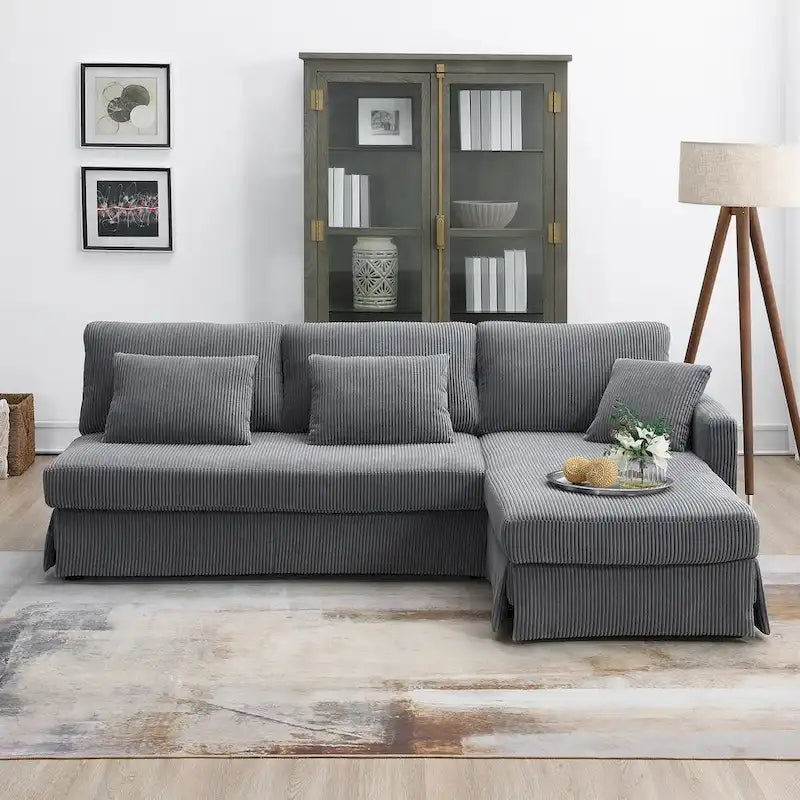 Divano sezionale a L grigio / giallo / beige con chaise longue reversibile, 4 posti a sedere