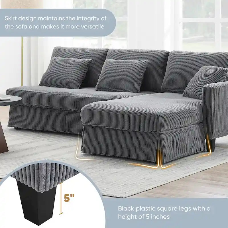 Divano sezionale a L grigio / giallo / beige con chaise longue reversibile, 4 posti a sedere