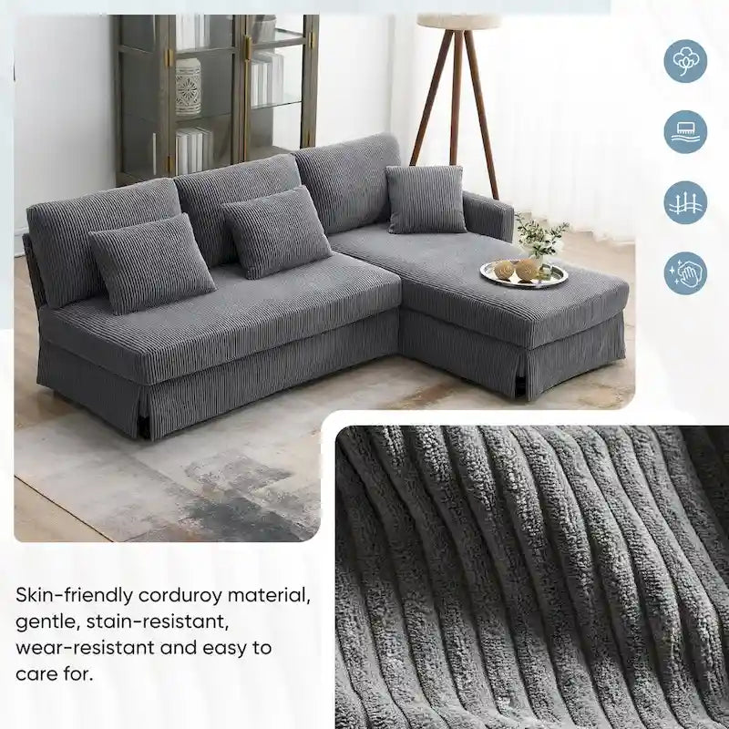 Divano sezionale a L grigio / giallo / beige con chaise longue reversibile, 4 posti a sedere