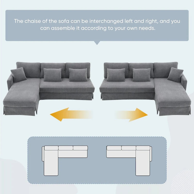 Divano sezionale a L grigio / giallo / beige con chaise longue reversibile, 4 posti a sedere
