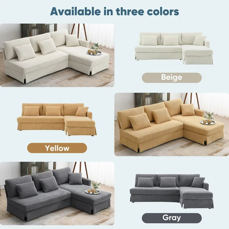 Divano sezionale a L grigio / giallo / beige con chaise longue reversibile, 4 posti a sedere