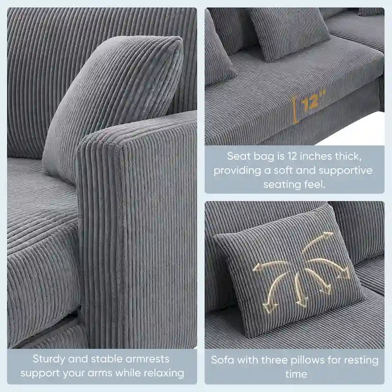 Divano sezionale a L grigio / giallo / beige con chaise longue reversibile, 4 posti a sedere