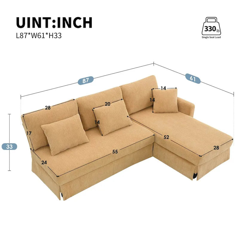 Divano sezionale a L grigio / giallo / beige con chaise longue reversibile, 4 posti a sedere