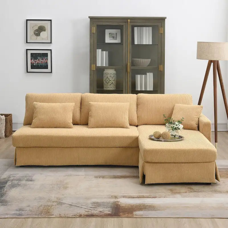 Divano sezionale a L grigio / giallo / beige con chaise longue reversibile, 4 posti a sedere