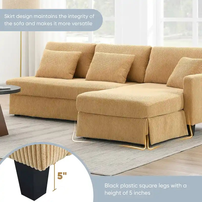 Divano sezionale a L grigio / giallo / beige con chaise longue reversibile, 4 posti a sedere
