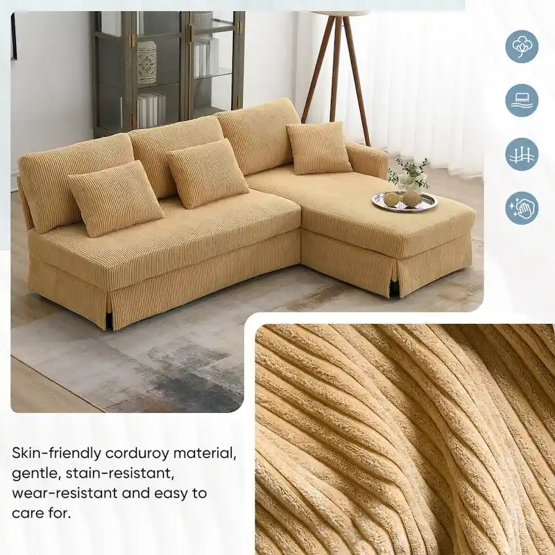 Divano sezionale a L grigio / giallo / beige con chaise longue reversibile, 4 posti a sedere