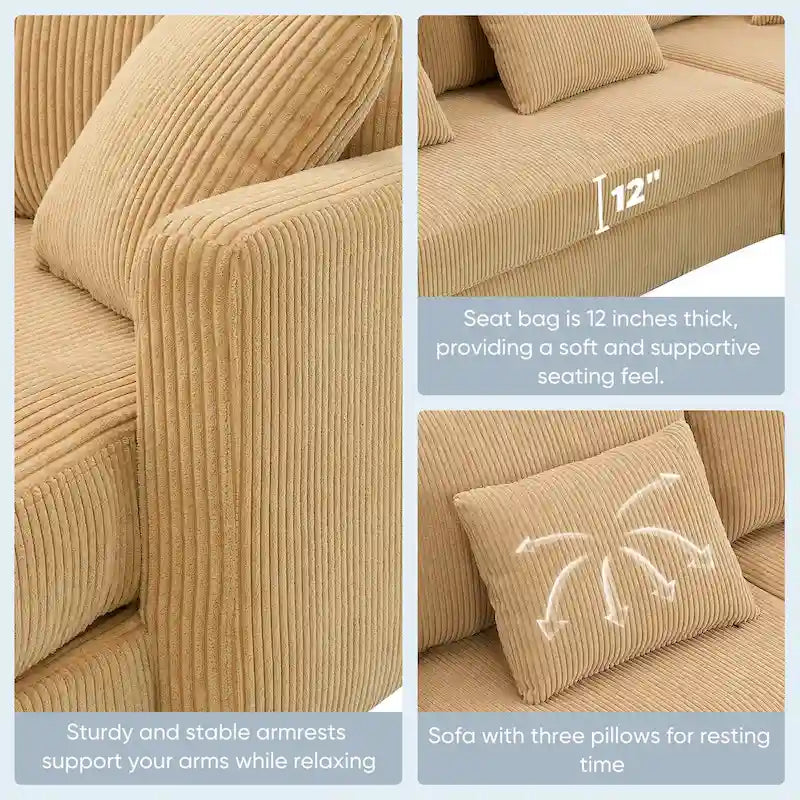 Divano sezionale a L grigio / giallo / beige con chaise longue reversibile, 4 posti a sedere