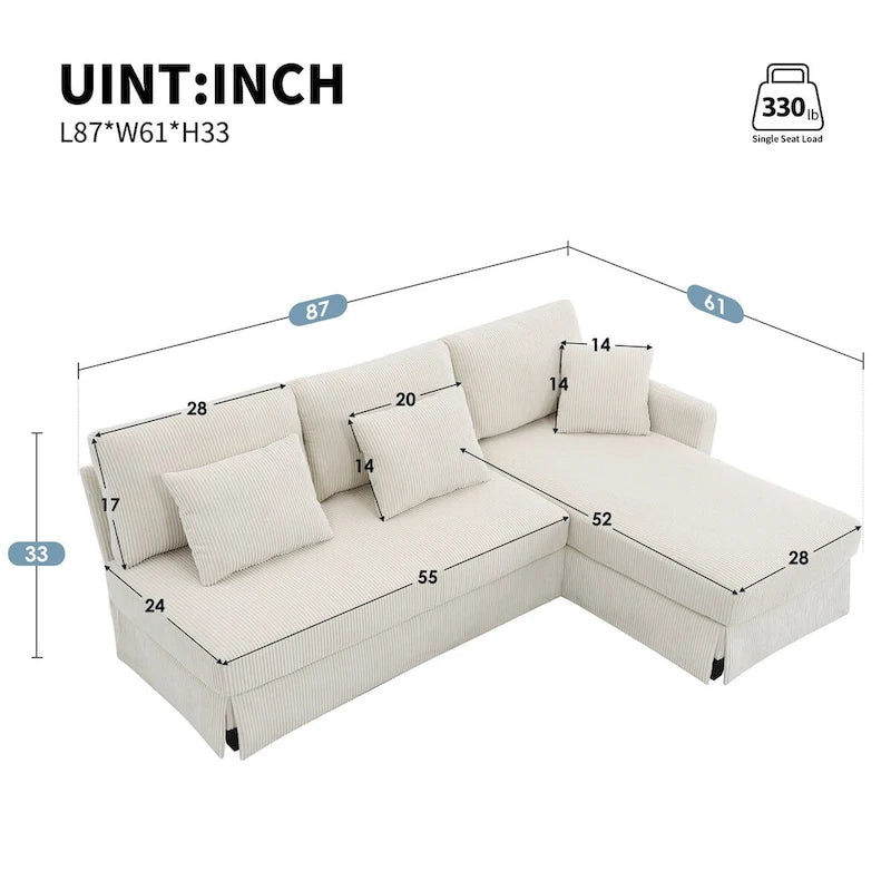 Divano sezionale a L grigio / giallo / beige con chaise longue reversibile, 4 posti a sedere