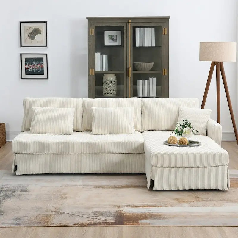 Divano sezionale a L grigio / giallo / beige con chaise longue reversibile, 4 posti a sedere