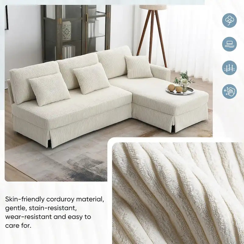 Divano sezionale a L grigio / giallo / beige con chaise longue reversibile, 4 posti a sedere