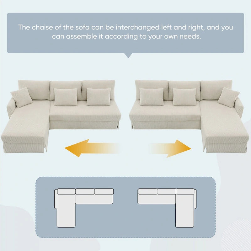 Divano sezionale a L grigio / giallo / beige con chaise longue reversibile, 4 posti a sedere