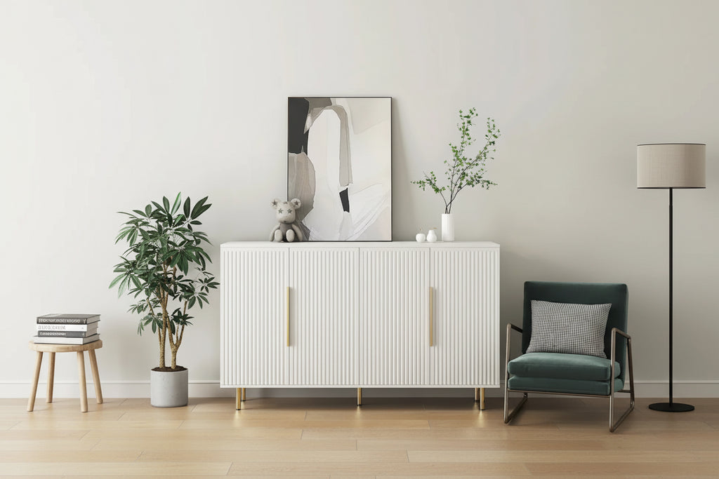 Credenza a pannelli scanalati bianchi/neri, mobile contenitore a 2 ante, montaggio da 1 persona