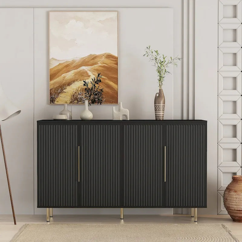 Credenza a pannelli scanalati bianchi/neri, mobile contenitore a 2 ante, montaggio da 1 persona