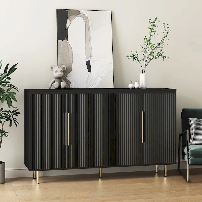 Credenza a pannelli scanalati bianchi/neri, mobile contenitore a 2 ante, montaggio da 1 persona