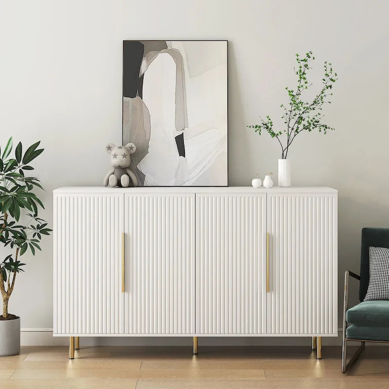 Credenza a pannelli scanalati bianchi/neri, mobile contenitore a 2 ante, montaggio da 1 persona