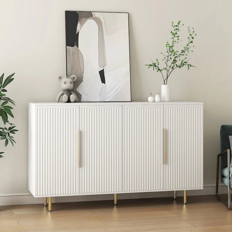 Credenza a pannelli scanalati bianchi/neri, mobile contenitore a 2 ante, montaggio da 1 persona