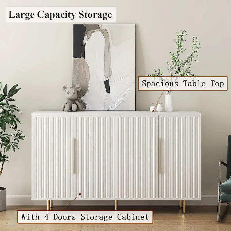 Credenza a pannelli scanalati bianchi/neri, mobile contenitore a 2 ante, montaggio da 1 persona