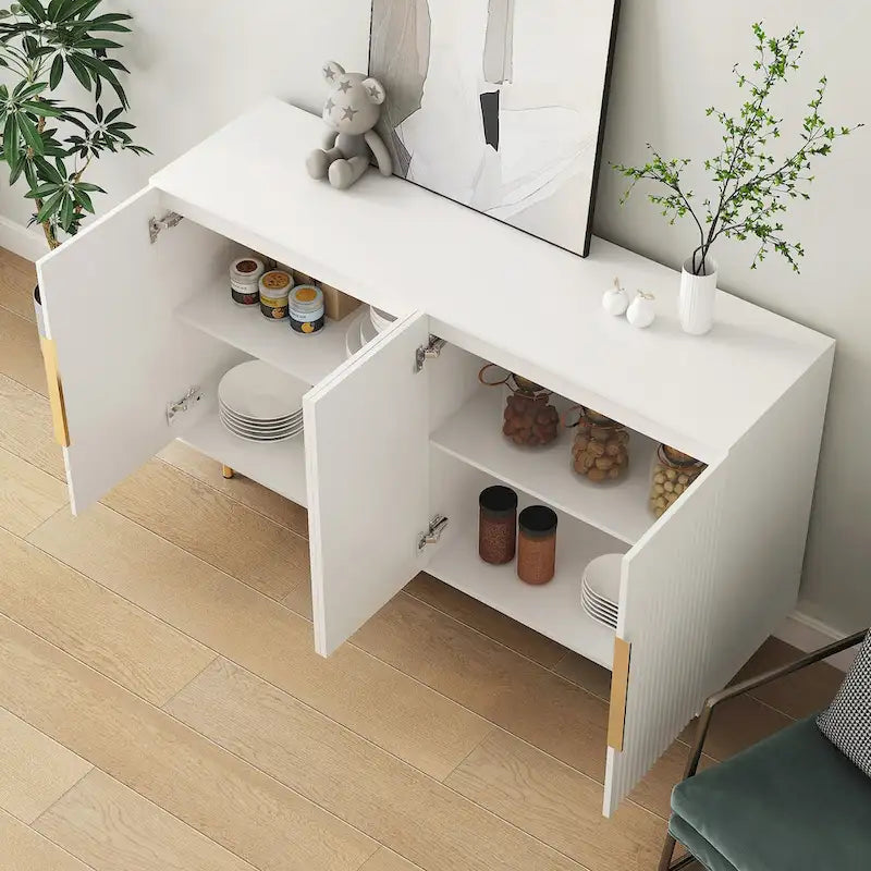 Credenza a pannelli scanalati bianchi/neri, mobile contenitore a 2 ante, montaggio da 1 persona