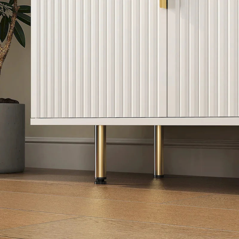 Credenza a pannelli scanalati bianchi/neri, mobile contenitore a 2 ante, montaggio da 1 persona