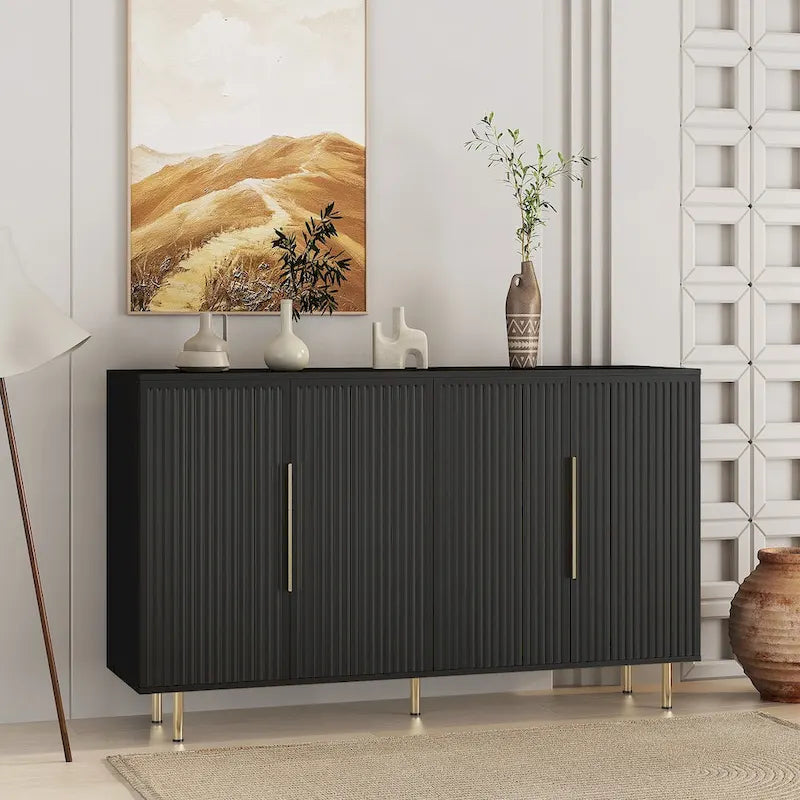 Credenza a pannelli scanalati bianchi/neri, mobile contenitore a 2 ante, montaggio da 1 persona
