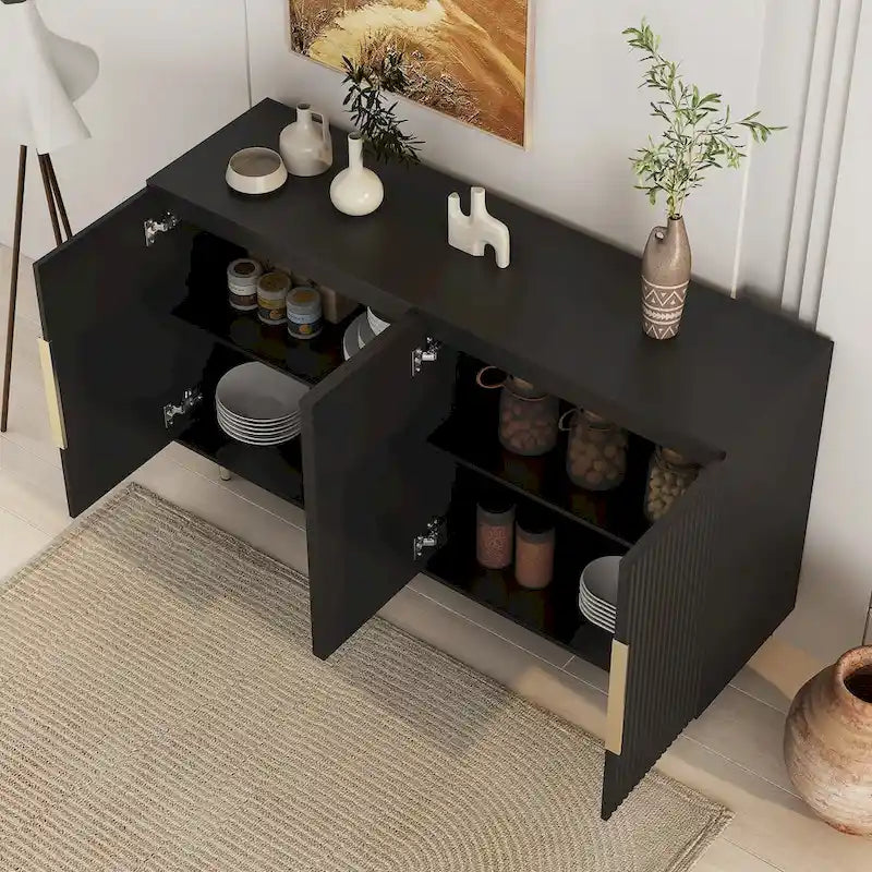 Credenza a pannelli scanalati bianchi/neri, mobile contenitore a 2 ante, montaggio da 1 persona