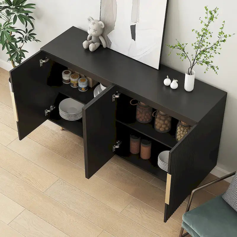 Credenza a pannelli scanalati bianchi/neri, mobile contenitore a 2 ante, montaggio da 1 persona