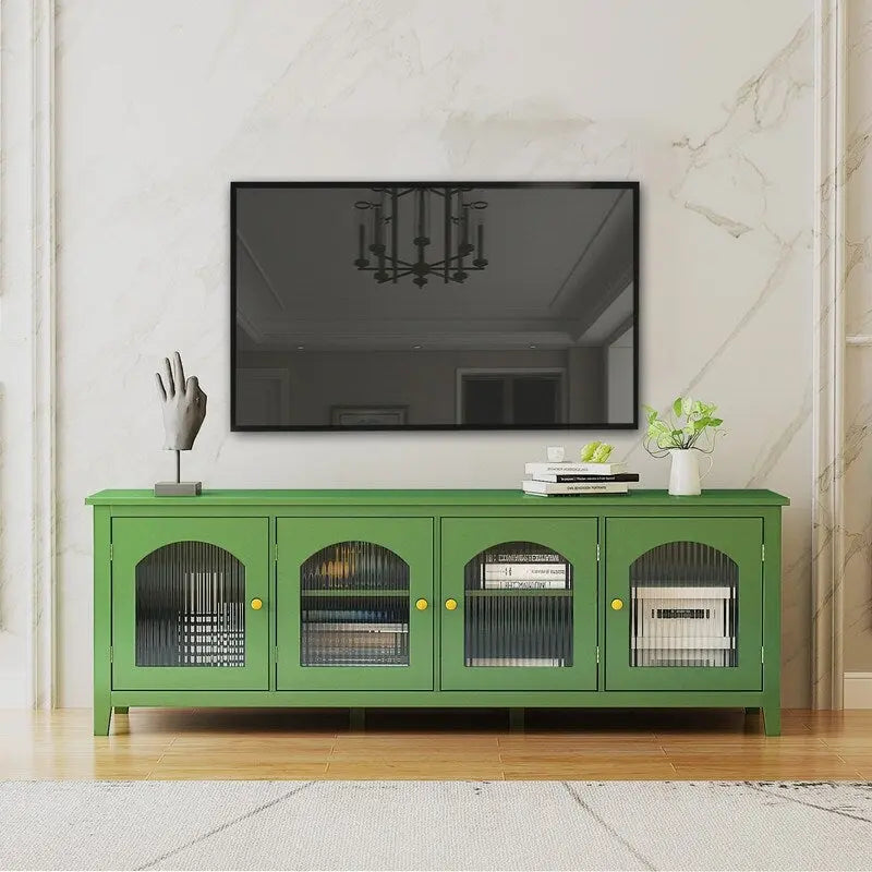 Mobile Porta TV Vintage Verde Antico con Ante in Vetro, Credenza a 2 Ante per 1