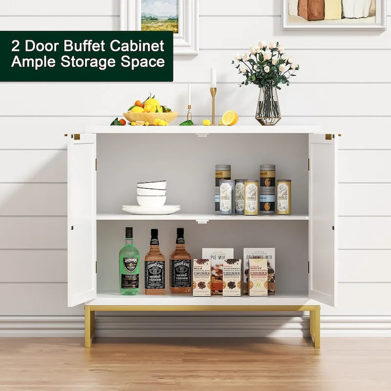 Credenza buffet in rattan bianco a 2 ante, stile rustico, per 1