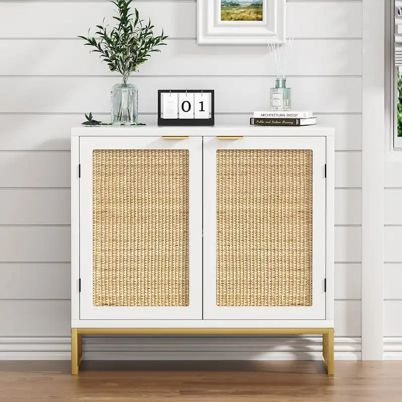 Credenza buffet in rattan bianco a 2 ante, stile rustico, per 1