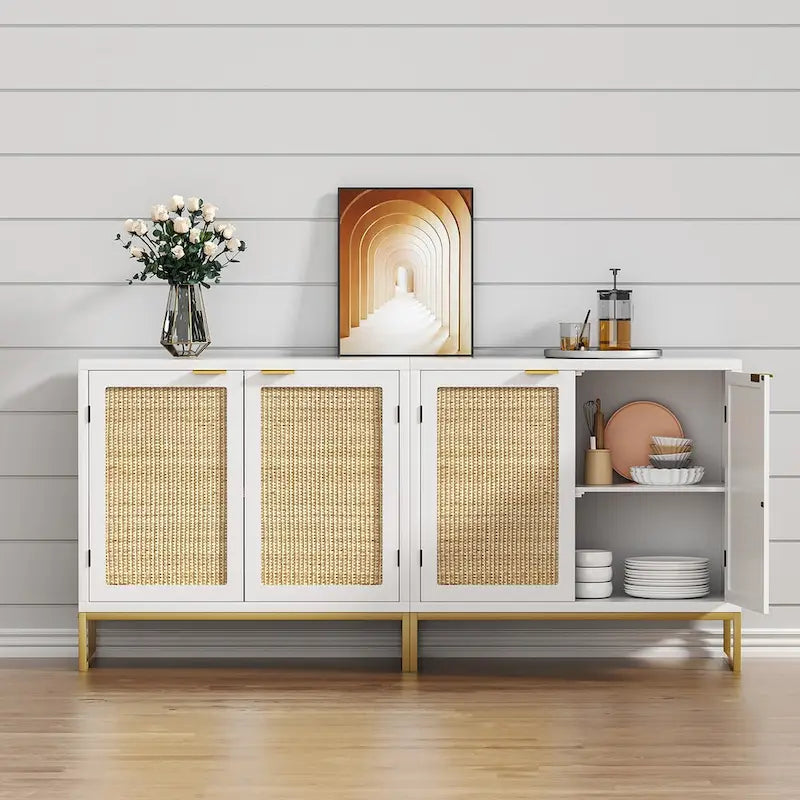 Credenza buffet in rattan bianco a 2 ante, stile rustico, per 1