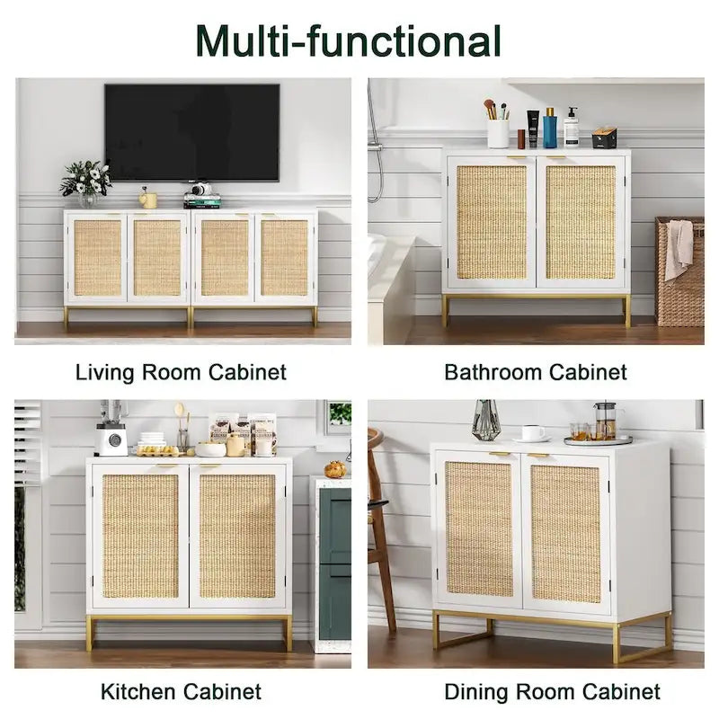 Credenza buffet in rattan bianco a 2 ante, stile rustico, per 1