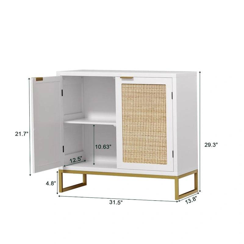 Credenza buffet in rattan bianco a 2 ante, stile rustico, per 1