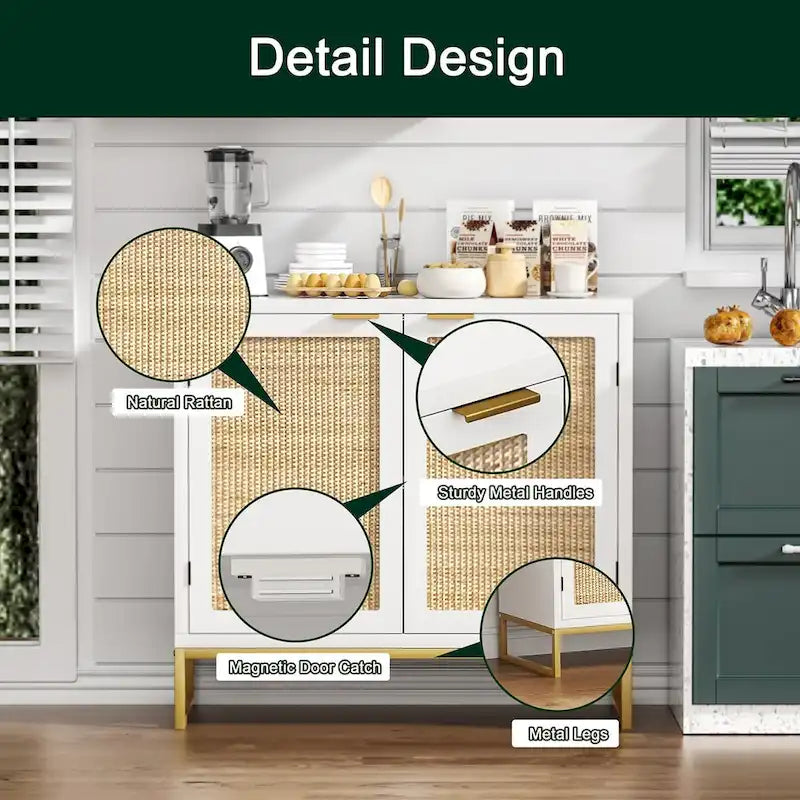 Credenza buffet in rattan bianco a 2 ante, stile rustico, per 1
