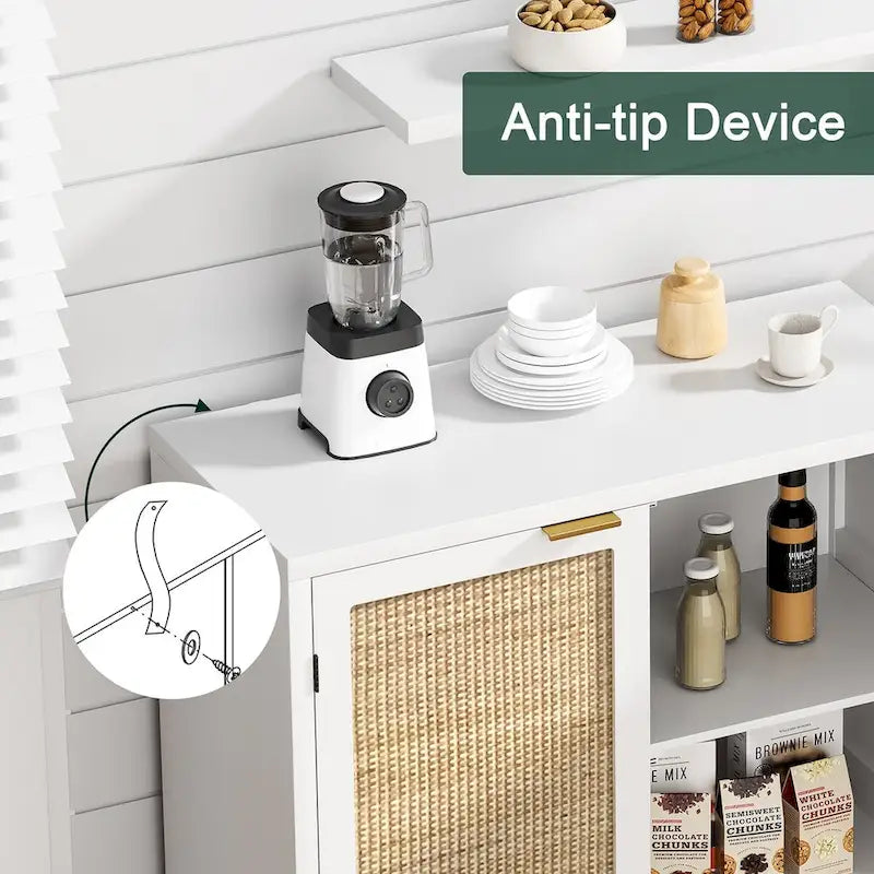 Credenza buffet in rattan bianco a 2 ante, stile rustico, per 1
