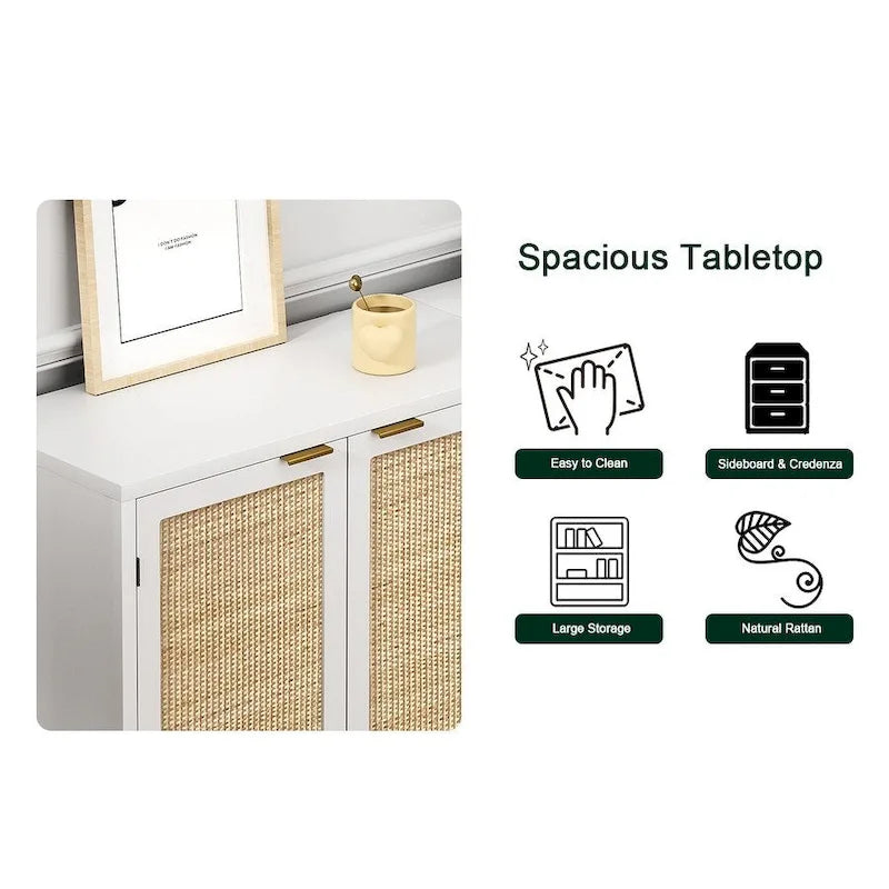 Credenza buffet in rattan bianco a 2 ante, stile rustico, per 1