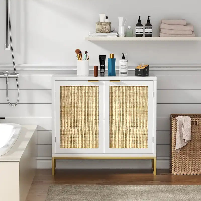 Credenza buffet in rattan bianco a 2 ante, stile rustico, per 1