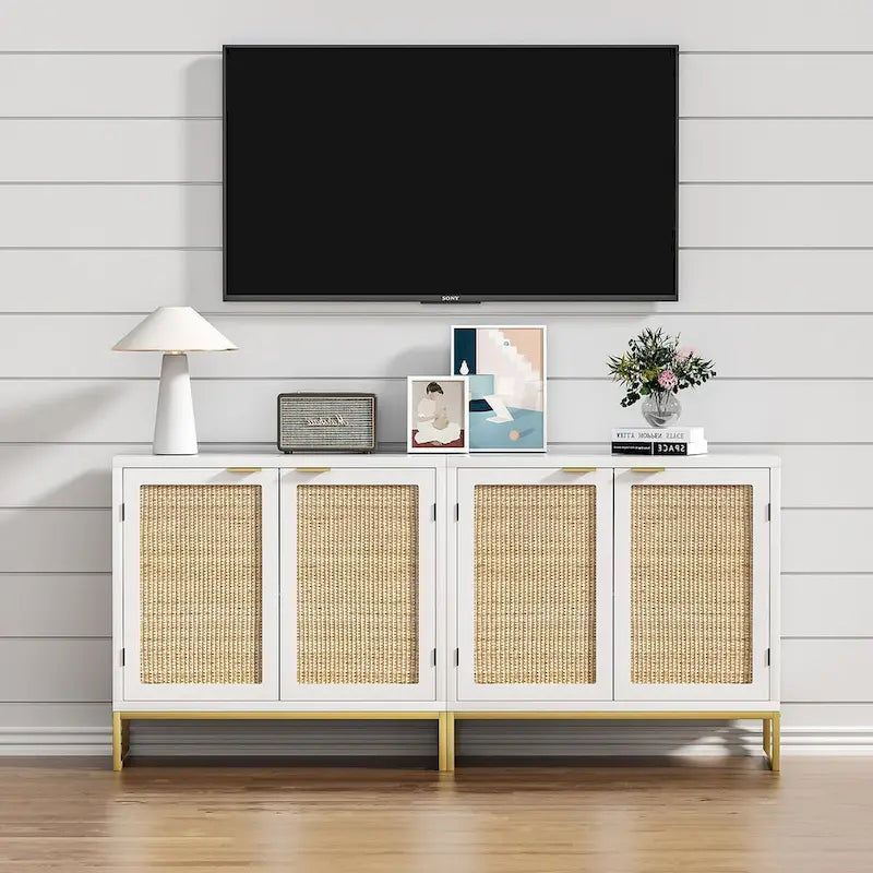 Credenza buffet in rattan bianco a 2 ante, stile rustico, per 1