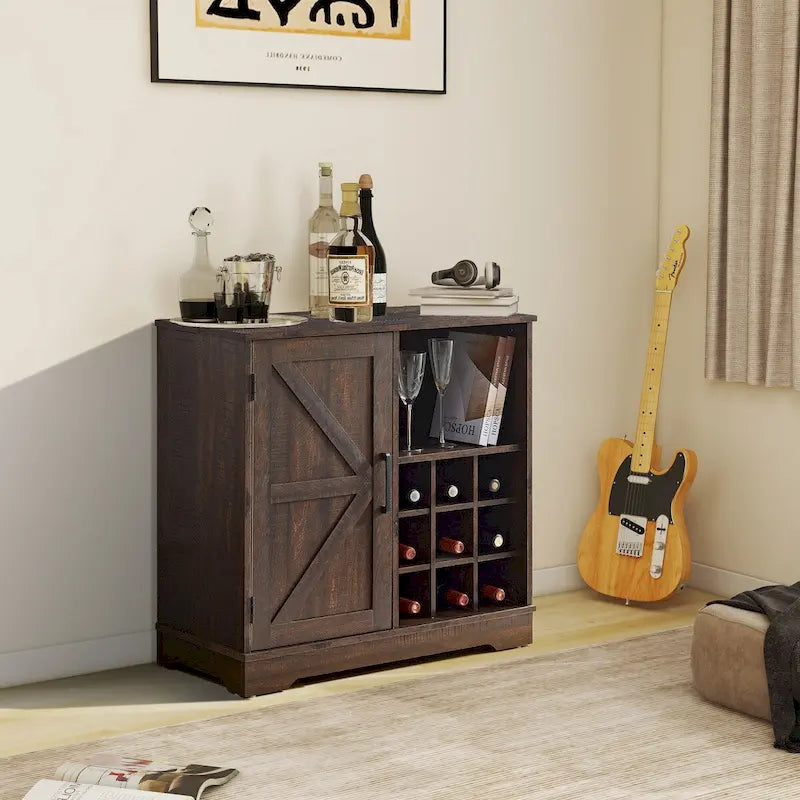 Credenza a buffet con porta scorrevole a grana di legno Espresso/Grigio con portabottiglie – Stile retrò, unità singola