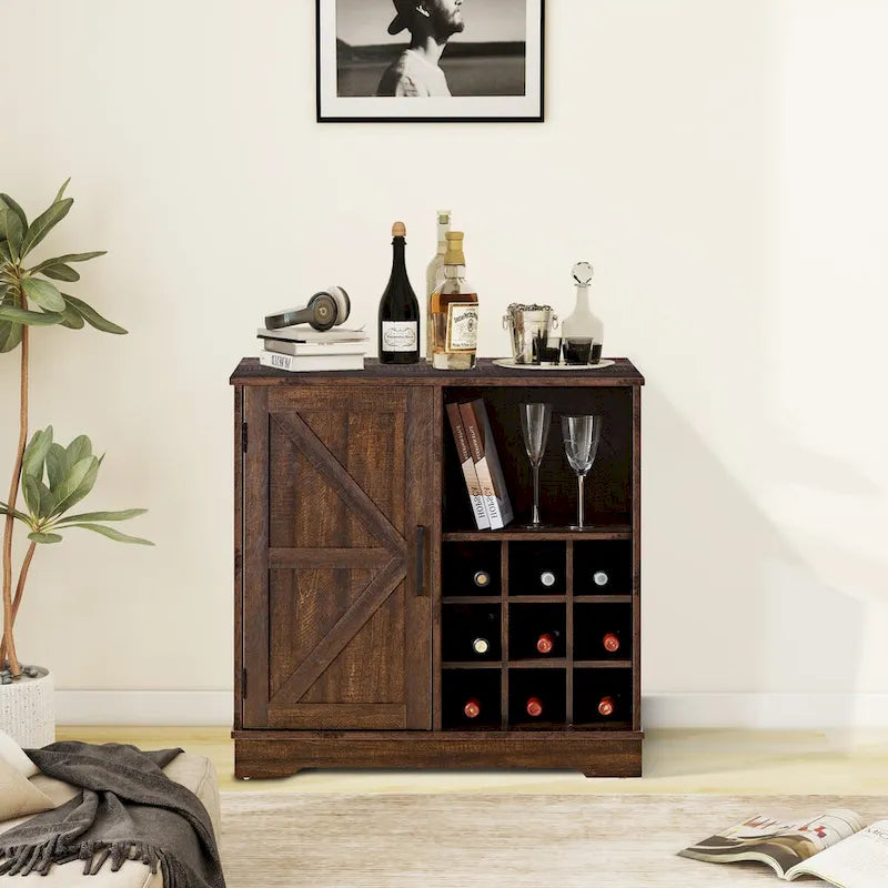 Credenza a buffet con porta scorrevole a grana di legno Espresso/Grigio con portabottiglie – Stile retrò, unità singola