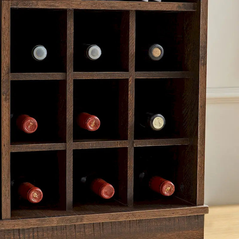 Credenza a buffet con porta scorrevole a grana di legno Espresso/Grigio con portabottiglie – Stile retrò, unità singola